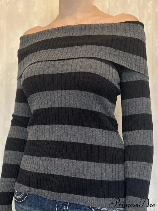 Retro Slash Neck Off Shoulder RibbedLong Sleeve Knit Top