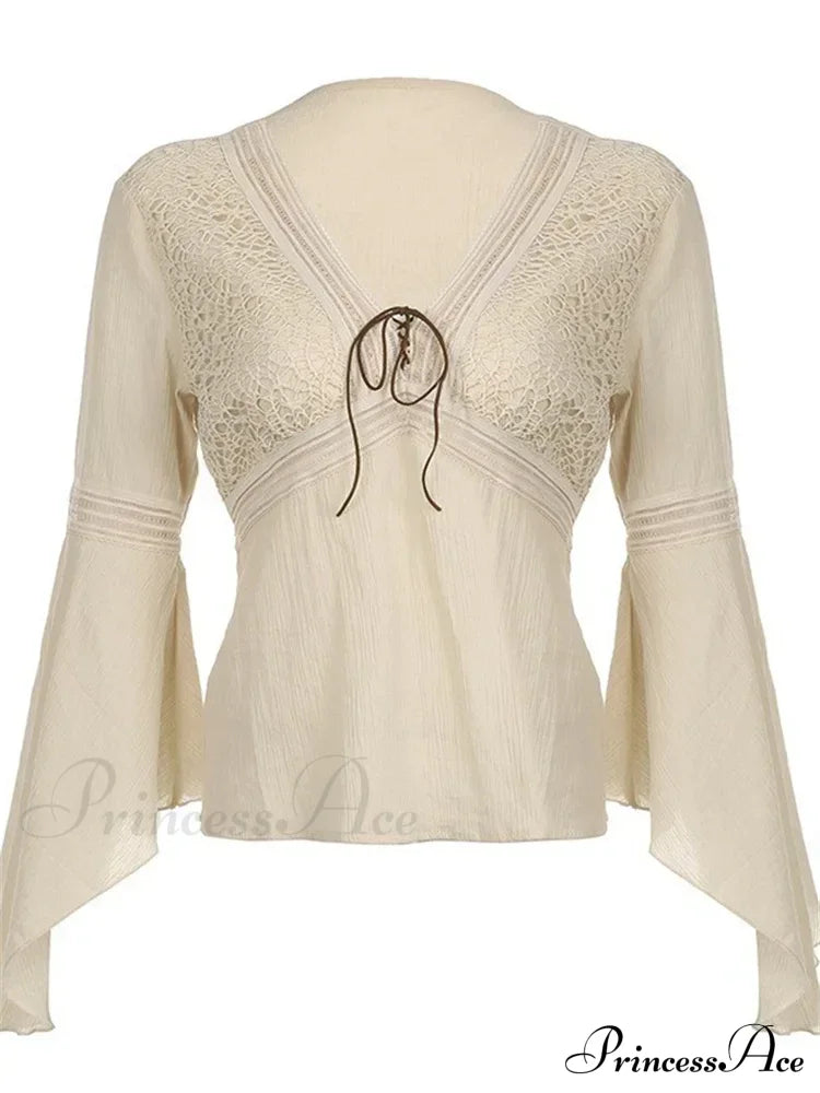 Retro y2k Fairycore V-neck Long Flare Sleeve T-shirts