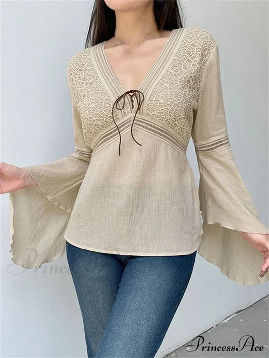 Retro y2k Fairycore V-neck Long Flare Sleeve T-shirts