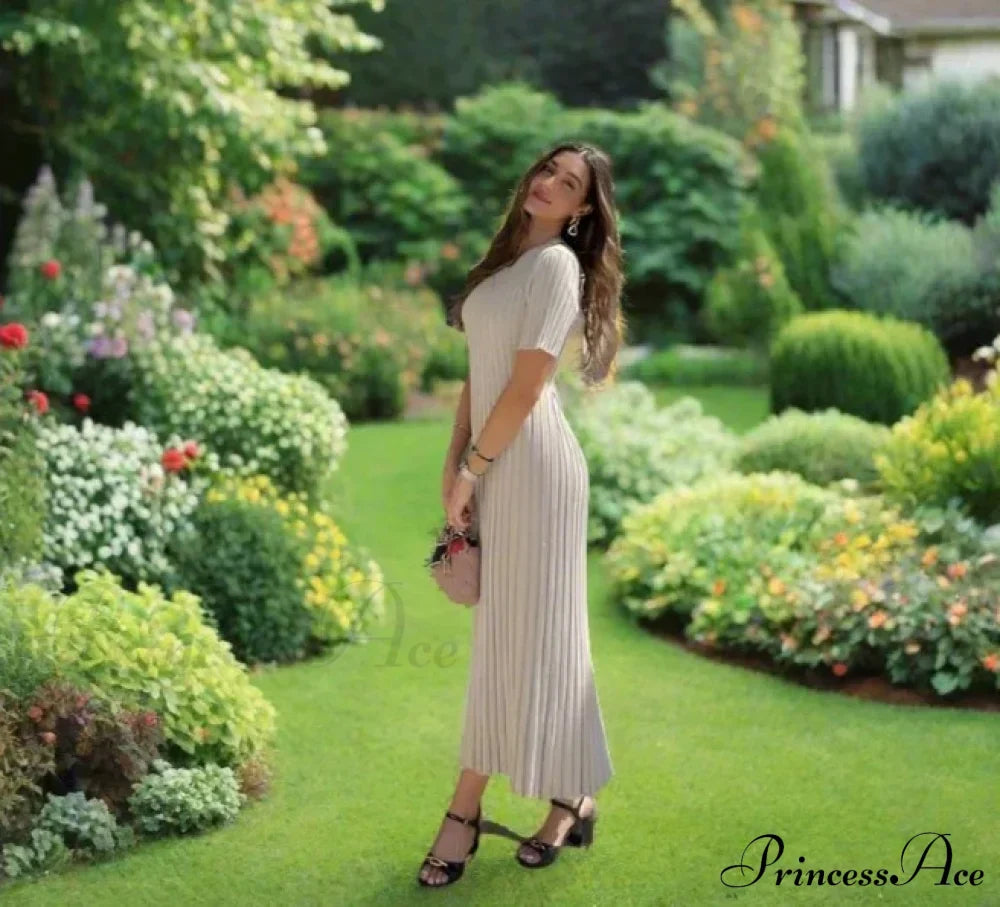Ribbed Short Stylish Sleeve Maxi Dress 