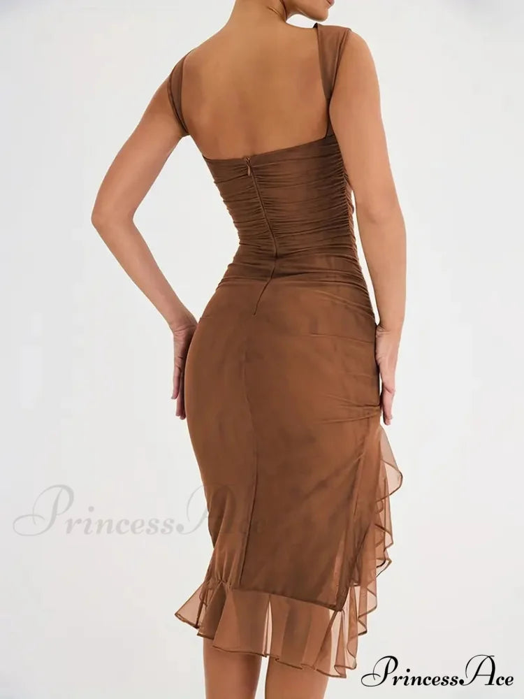 Ruched Backless Bodycon Dress with Ruffle Hem