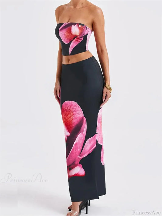 Sexy Floral Print Tube Top Elastic Waist Bodycon Skirt Set