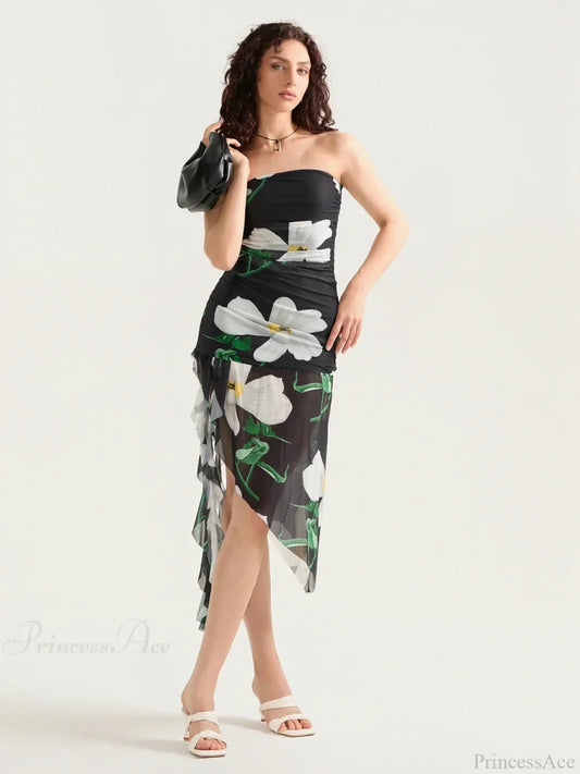 Sexy Strapless Ruffle Tassel Mini Floral Dress