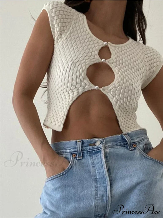 Short Sleeve Ruched O-Neck Buttons Up Y2K Knitted Crop T-shirts