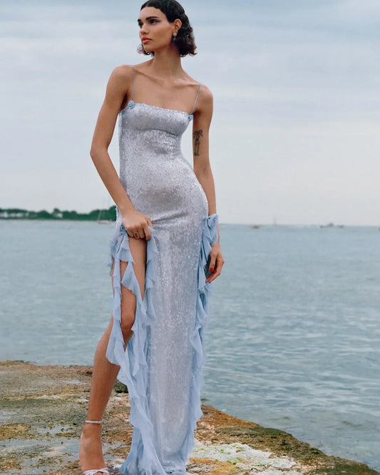 Slit Ruffle Sequin Party Dress