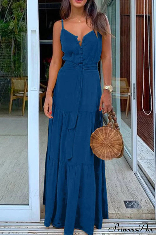 Spaghetti Strap Button Bandage Maxi Dress