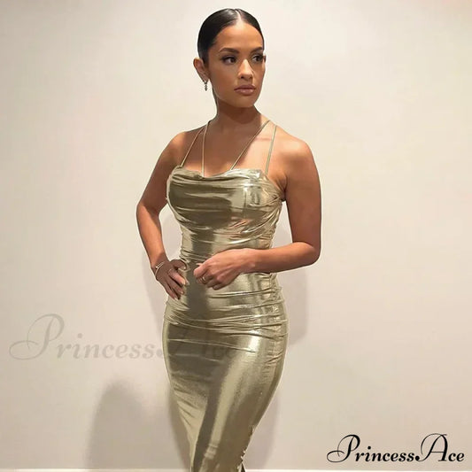 Spaghetti Strap Gold Midi Fashion Wrap Chest Slim Backless Summer Party Club Bodycon Dress