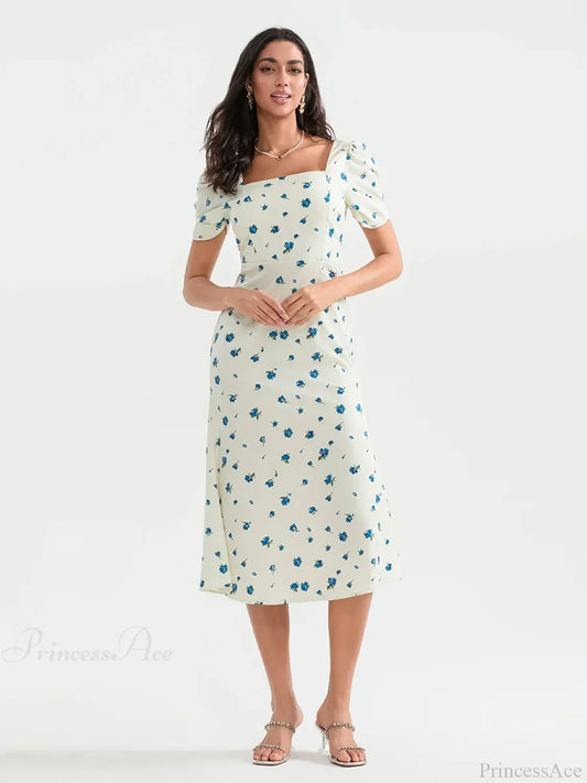 Summer Floral Midi Puff Sleeve A-Line Floral Dress