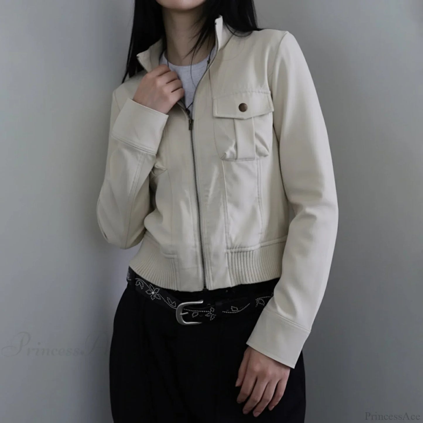 Utility Solid Color Pocket Stand Collar Waist Cinched Jacket