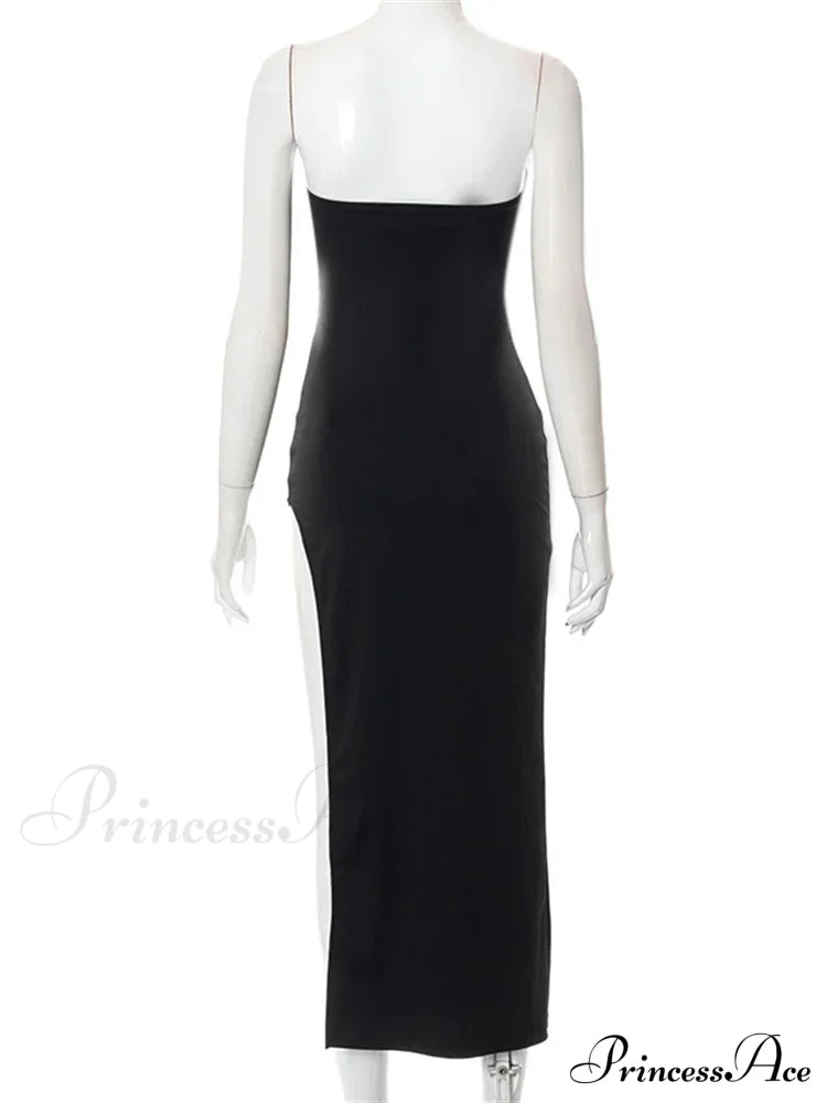 Women Elegant Low Cut Black Solid Sleeveless Satrpless Off Shoulder Push Up High Split Vestidos Party