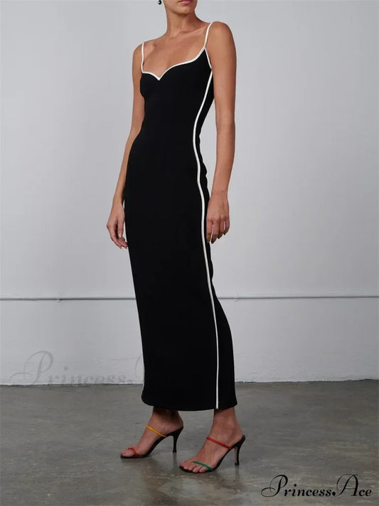 Women Sleeveless Strap Black Patchwork V-neck Low Cut Slim Summer Party Back Split Female Vestidos