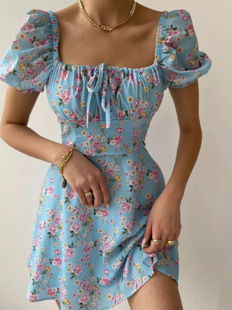 Zipper Floral Printed Short sleeve Mini&Short Dresses