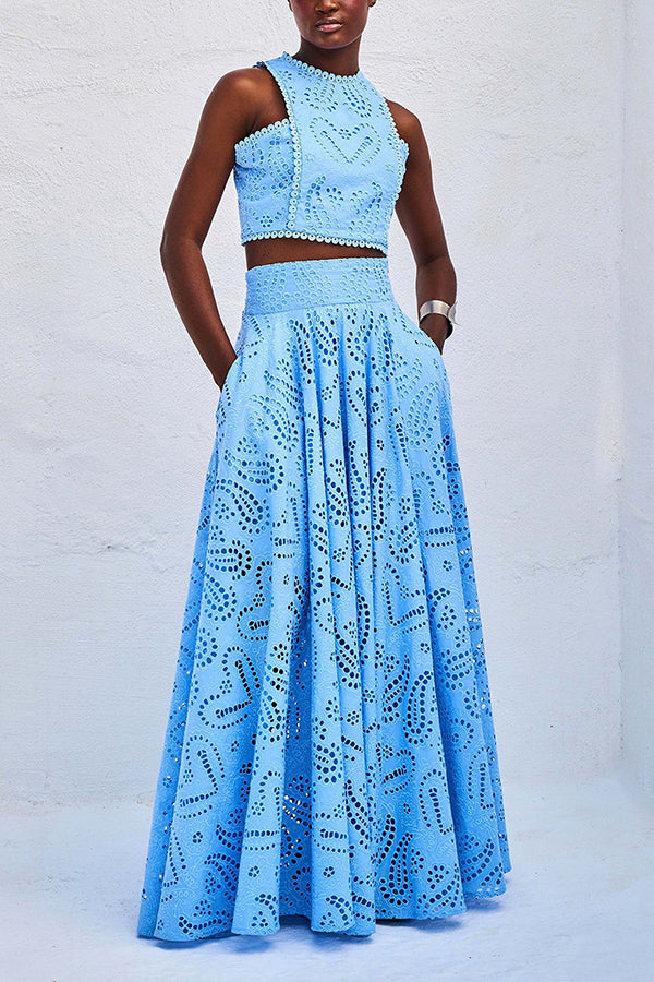 Paris Dreaming Embroidered Lace High Rise Elastic Waist Pocketed Maxi Skirt 