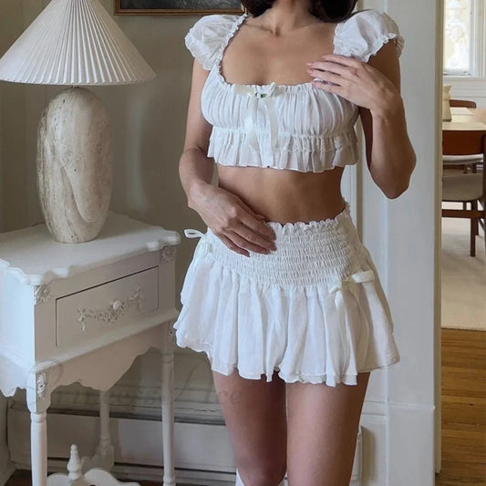 00s Kawaii Outfit Bow Trim Off Shoulder Crop Tops T-shirt + Ruffled Layered Mini Skirt Y2K Fairycore 2 Piece Set Women Clothes