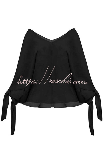 Joyful Bond Linen Blend V-neck Knotted Cuff Half Sleeve Loose Top