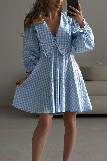 Plaid Bow Collar Ruffle Sleeve Mini Dress