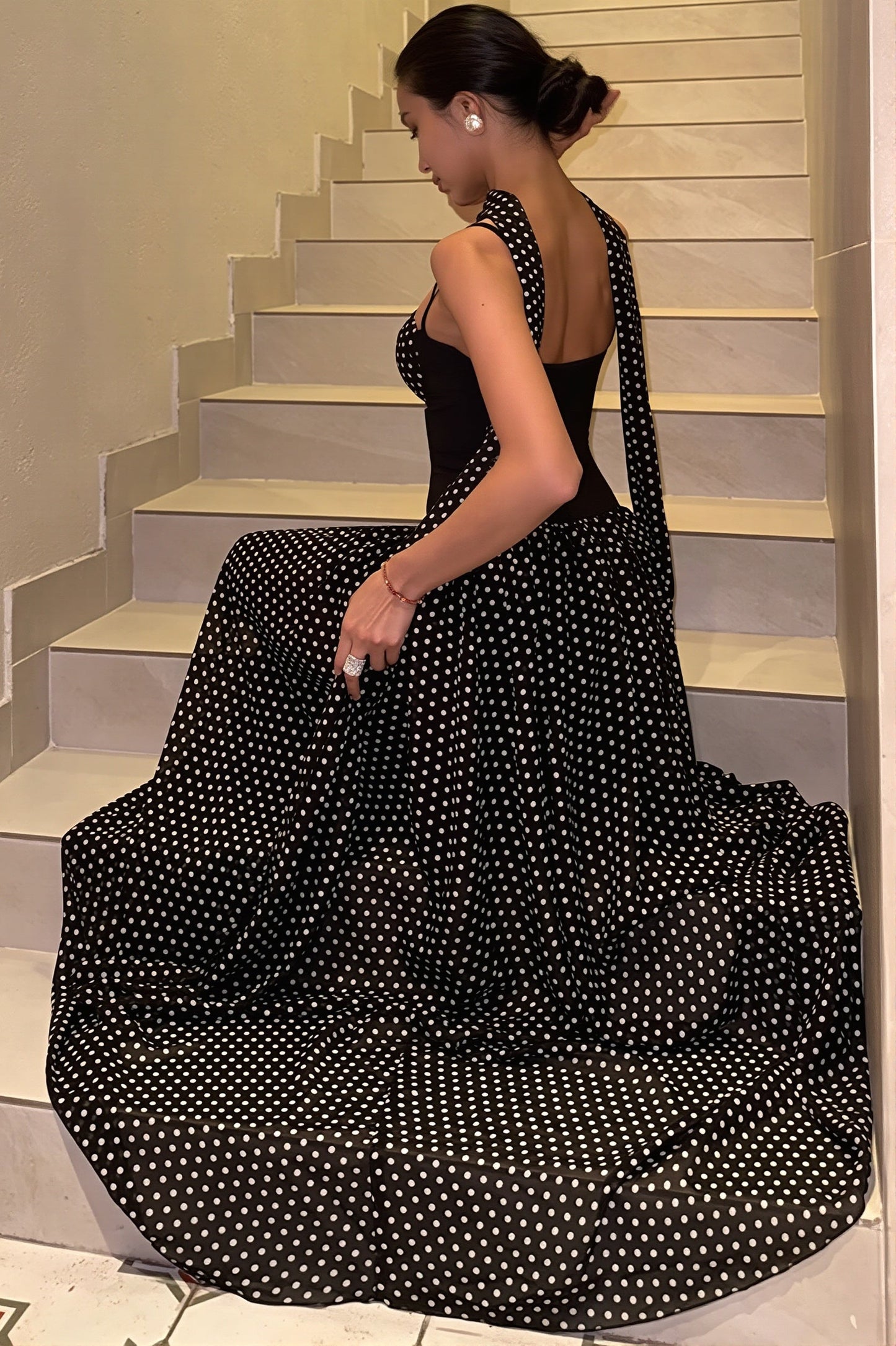 Strapless Cutout Back Ribbon Dot Print Cami Maxi Dress