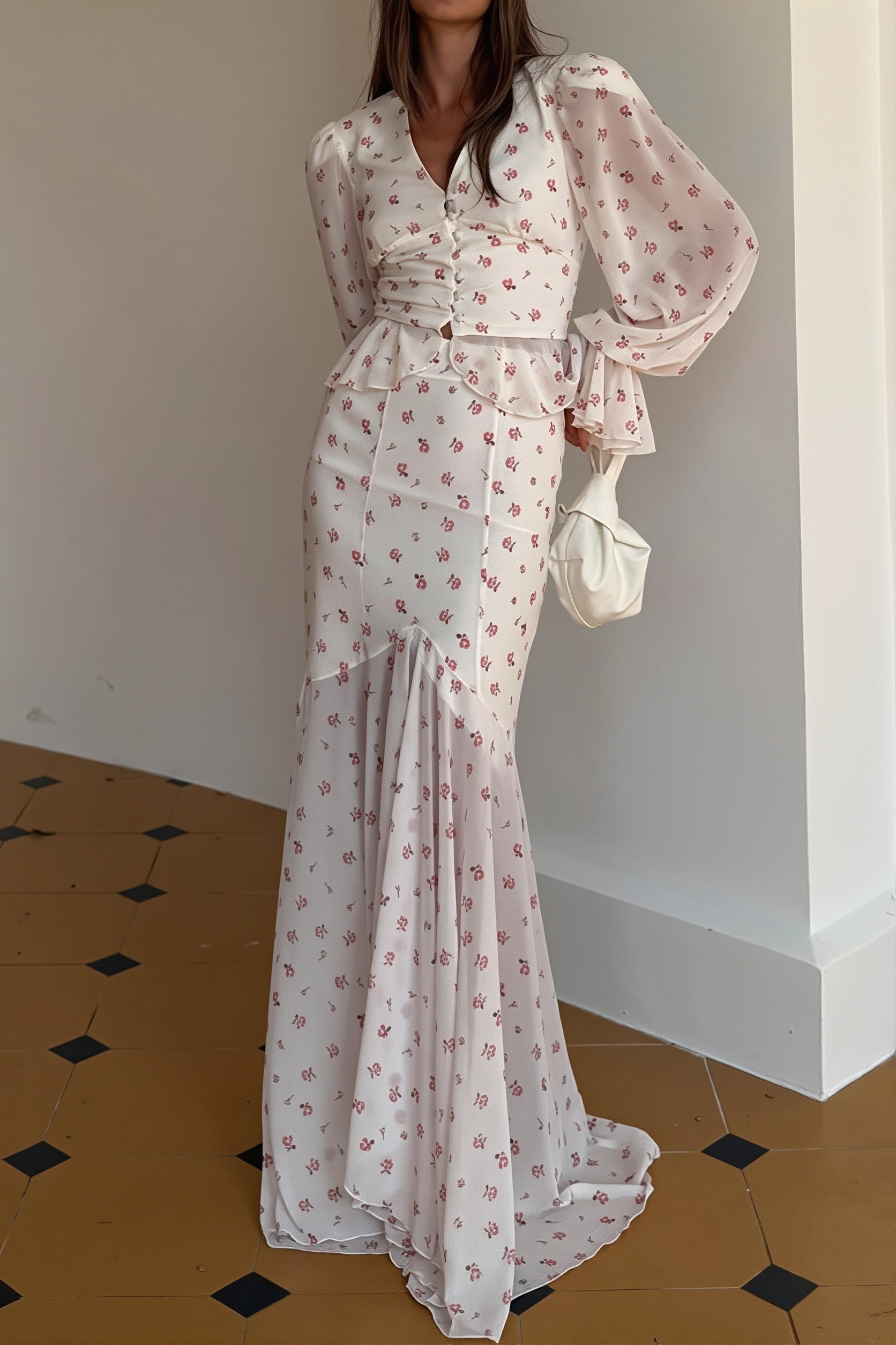 Sexy Chiffon V Neck Ruffle Sleeve Bodycon Skirt Sets
