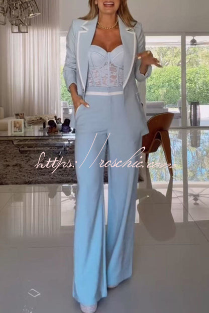Timeless Essence Color Block Trim Elastic Waist Pocket Wide Leg Pants