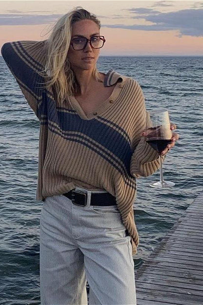 Striped Color Block Long Sleeve Knit Sweater