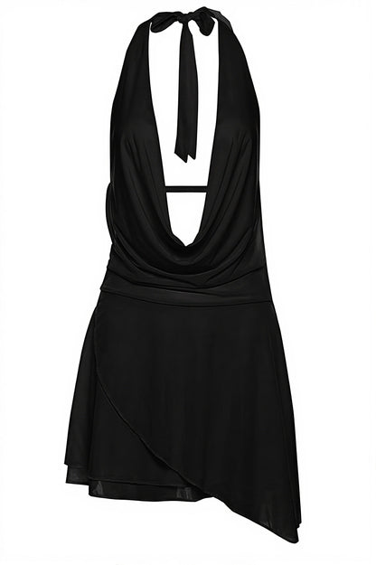 Solid Deep V Halter Backless Mini Dress
