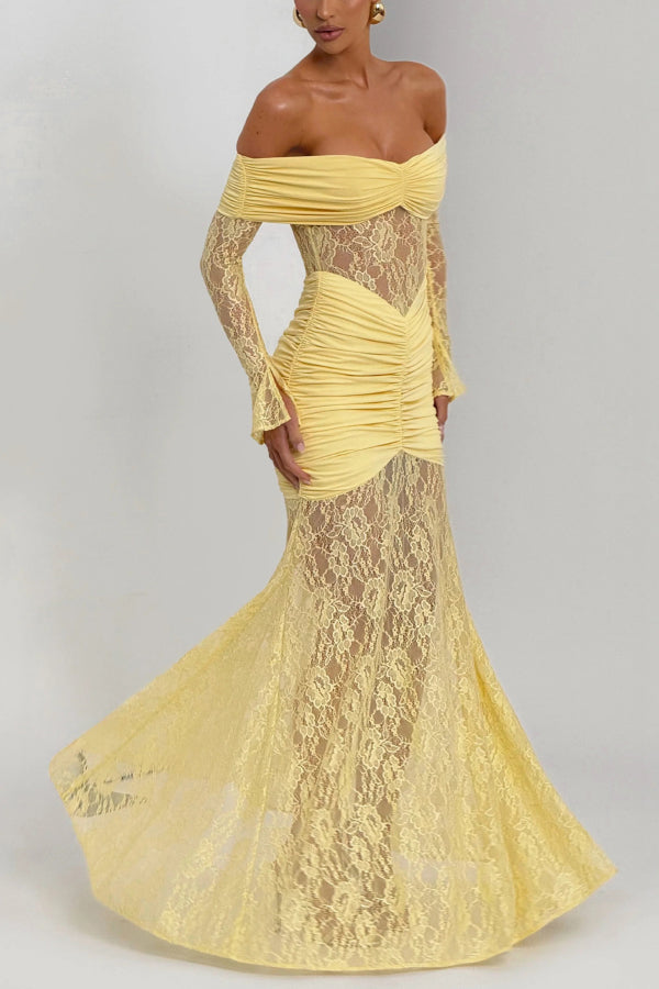 Solid Color Patchwork Lace Off-shoulder Long-sleeved Pleated Slim-fit Maxi Dress