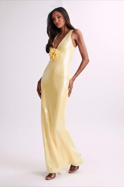 Backless Floral Sequin Maxi Dress