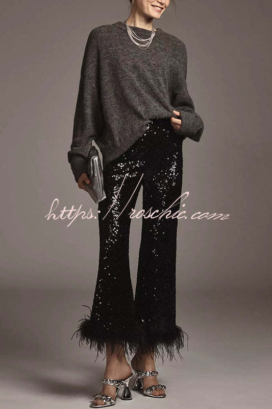 New Year Eve Sequin Feather Trim High Rise Back Zipper Flare Pants