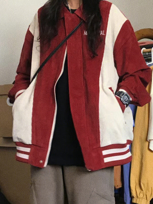 Corduroy Color Block Splice Embroidery Jacket