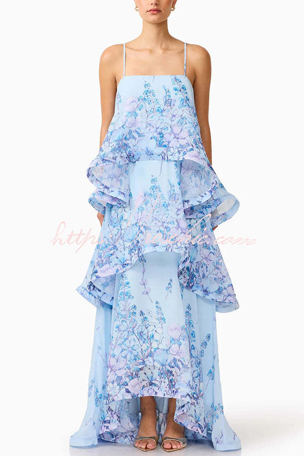 Armani Georgette Fabric Floral Print Tiered Slip Square Neck A-line Maxi Dress