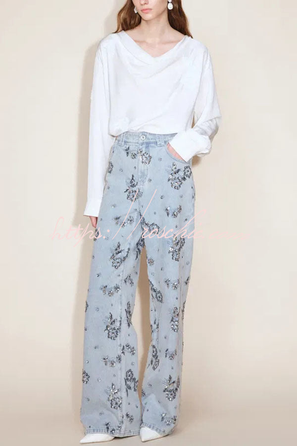 Jhenie Denim Beaded Sequin Floral Pattern Mid Rise Pocket Wide Leg Jeans