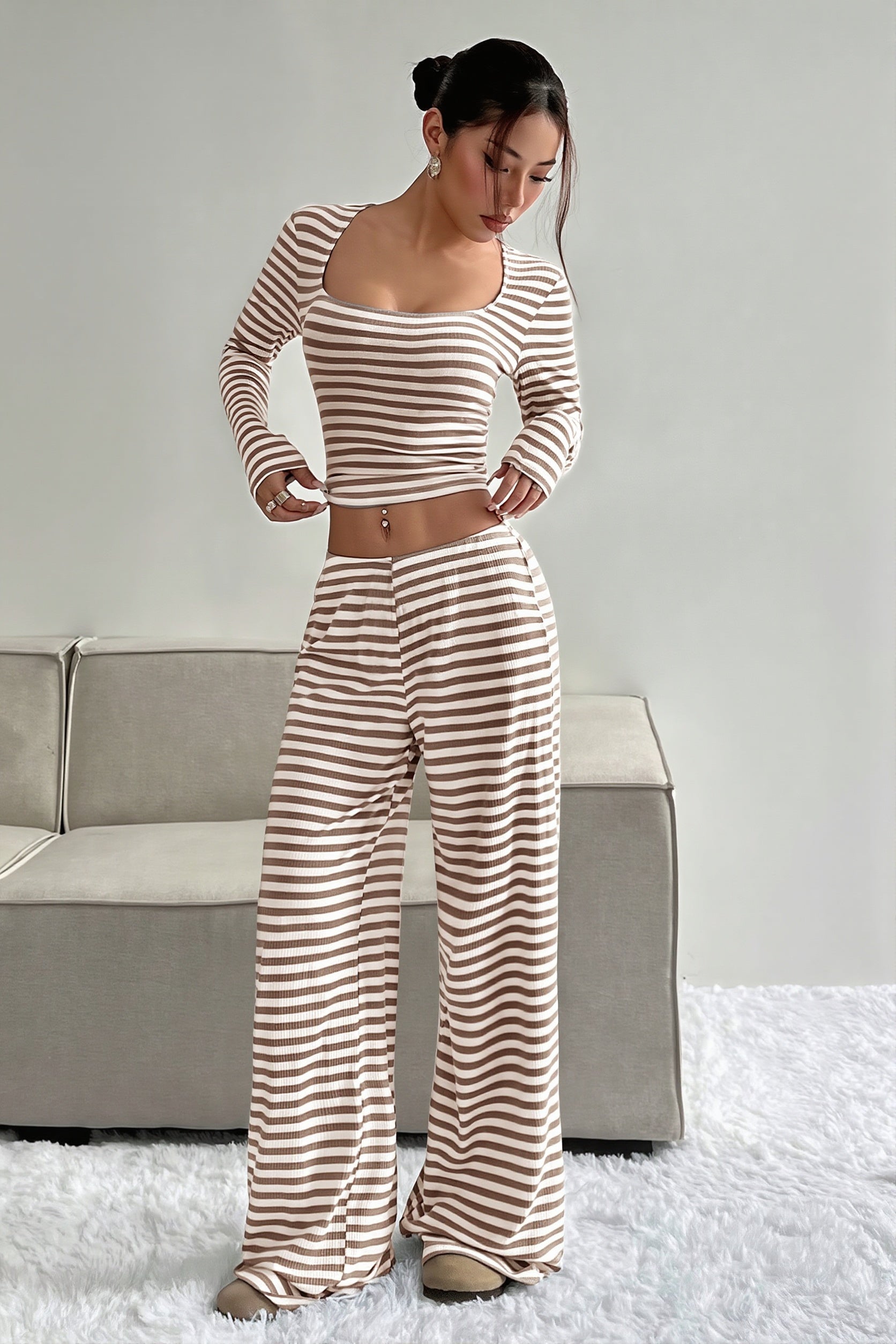 Striped High Waist Wide Leg Two Piece Set