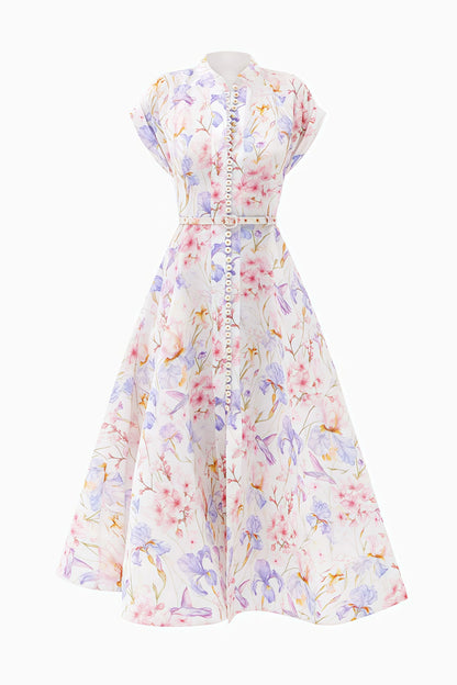 Norif Round Neck Button Print Midi Dress
