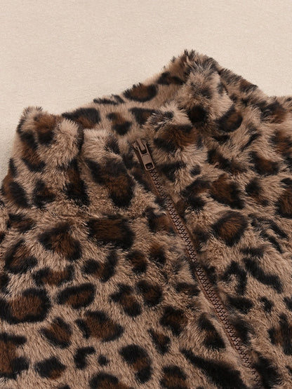 Liber Leopard Print Plush Stand-up Collar Navel Exposed Short Vest