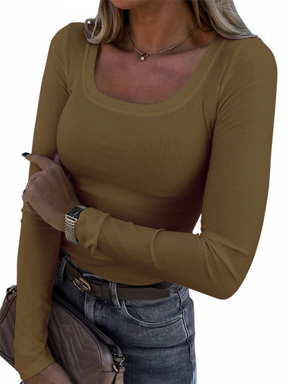 Threaded Groove Trimming Long Sleeve U-neck Base T-shirts