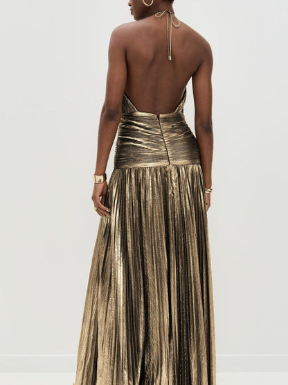 Metallic Halter Neck Style Crimp Slit Thin Strap Sleeveless Backless Cocktail Party Parties Formal Dress Long Dress