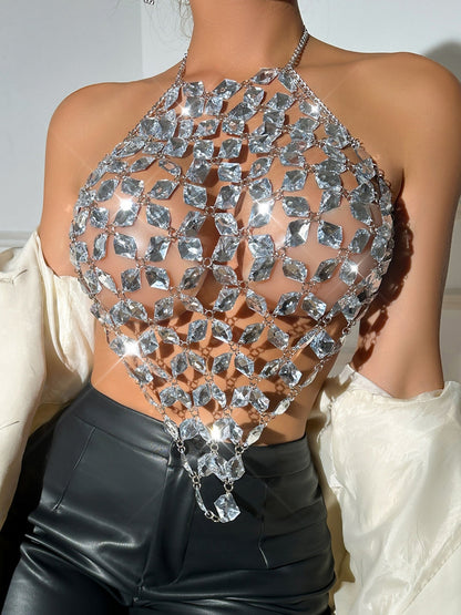 Diamond-studded Openwork Chain Splicing Halter Neck And Backless Tank Tops&Camis