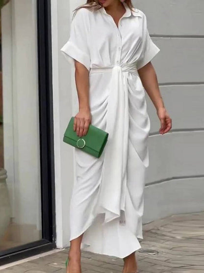 Lapel Shirt Dress Short-sleeved Single-breasted High-waisted Maxi Dresses