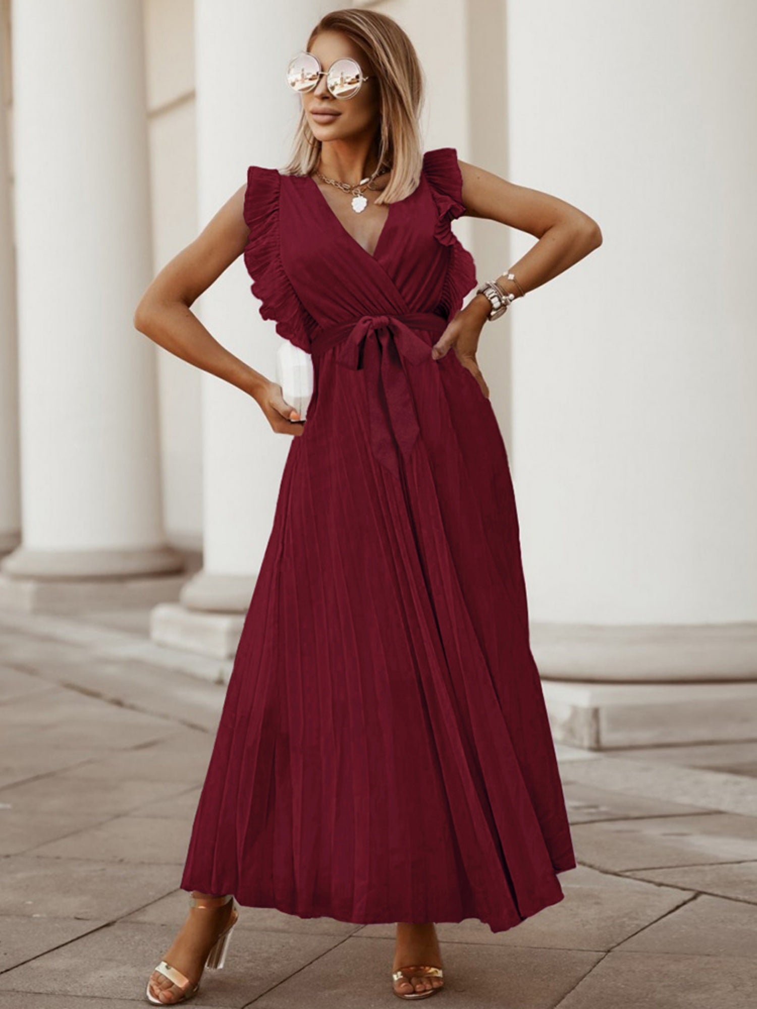 Lotus Leaf Sleeves Bow Chiffon Pleats Vacation Style Maxi Dresses