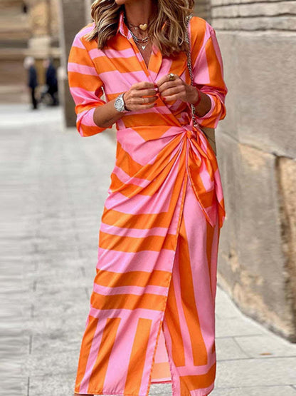 Wrap-up Shirt Collar Lace Up Printed Maxi Dresses