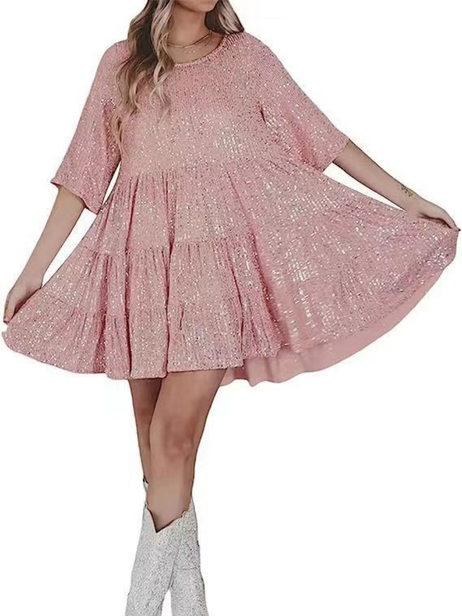 Sequins Crew Neck Loose Waist Short Sleeve Dress