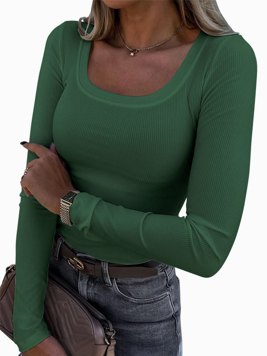 Threaded Groove Trimming Long Sleeve U-neck Base T-shirts