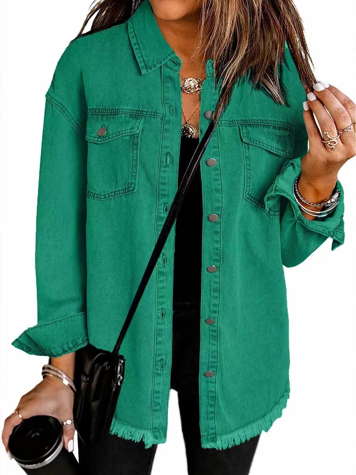 Denim Jacket With Frayed Pockets And Button Details