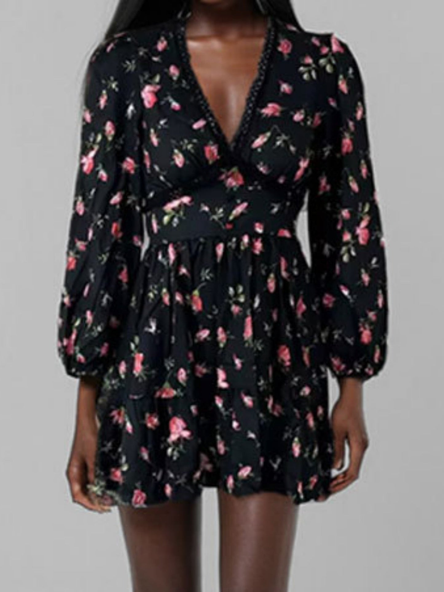 Floral Lace Deep V-neck Waist Puff Sleeve Sweet Mini&Short Dresses