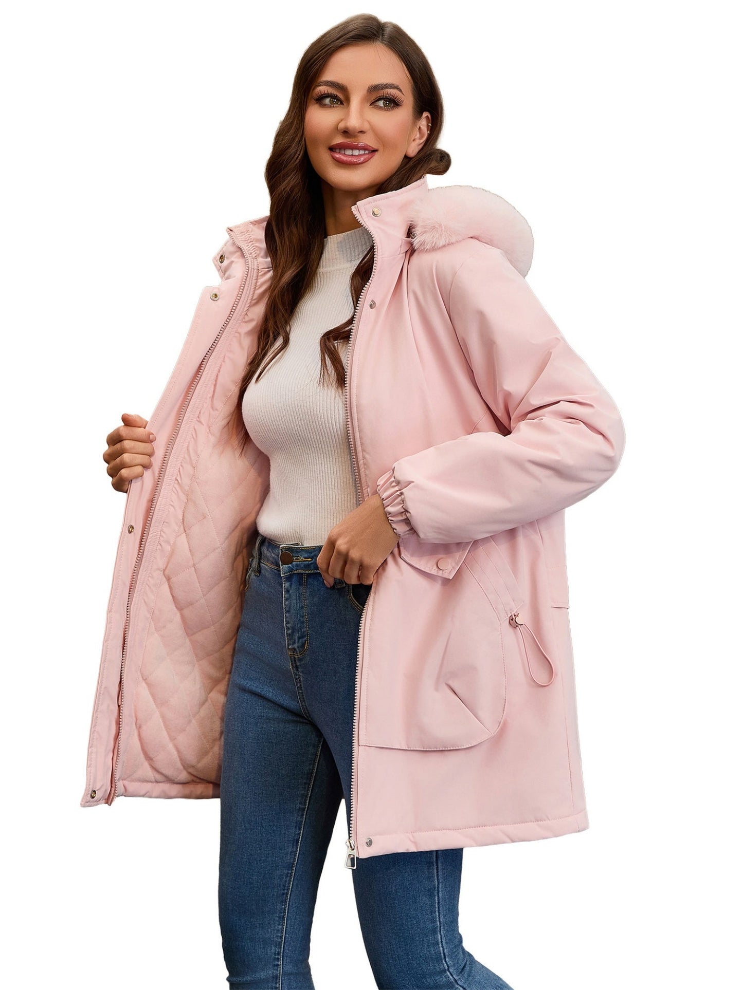 With Fur Collar Hooded For Warmth Drawstring Pocket Down Jacket