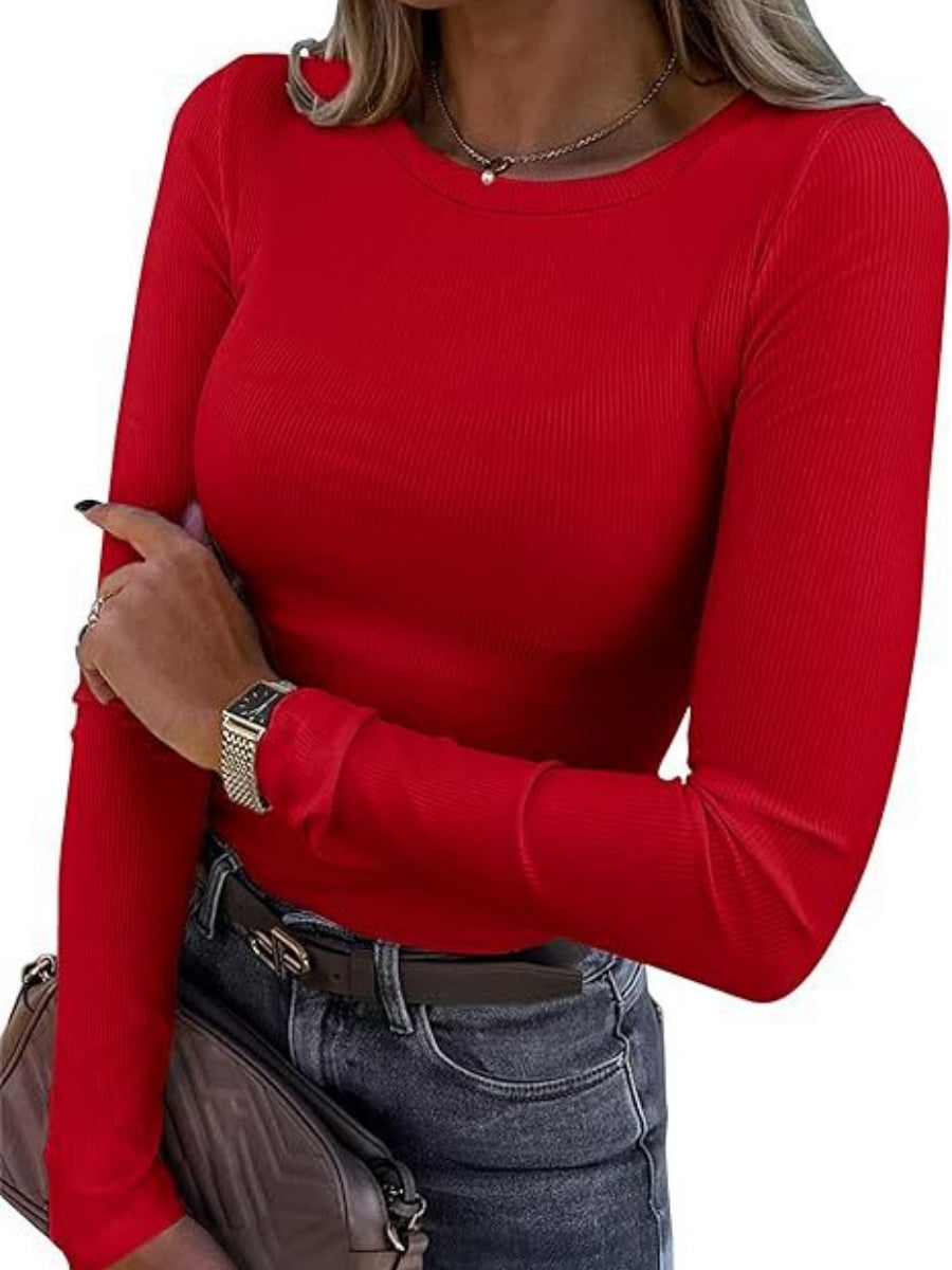 Pit Strip Long Sleeve Elastic Crew Neck Ribbed Slim Fit Basic T-shirts