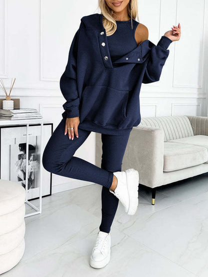 Sporty Casual Hoodie Sweatshirt, Ribbed Slim Fit Vest And Pants Three-piece Set