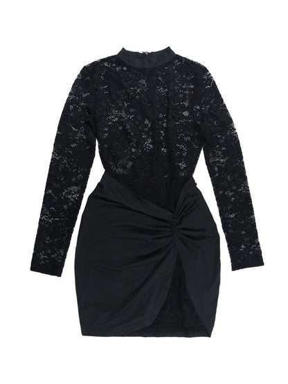 Lace Crew Neck Long Sleeve Ribbon Slim Fit Hip-hugging Mini&Short Dresses