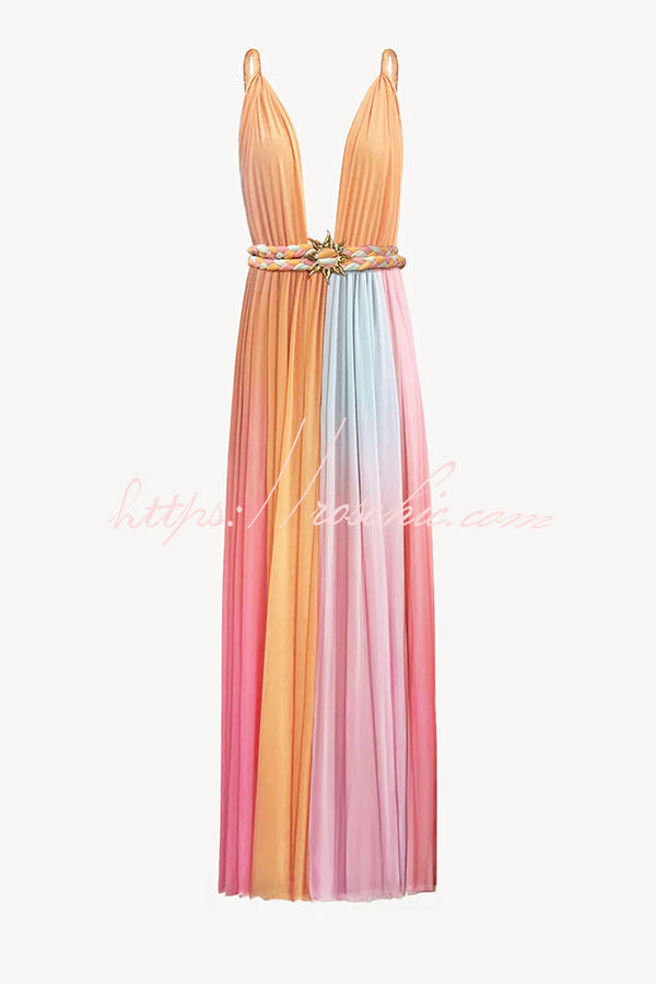 Rainbow Sky Chiffon Ombré Print Metal Decoration Woven Belted Vacation Maxi Dress