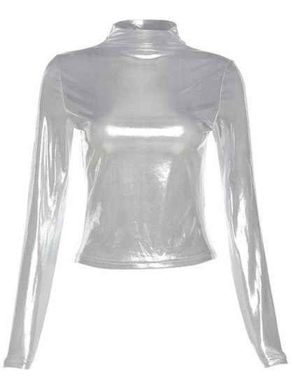 Half Turtleneck Patent Leather Metallic Color Long Sleeve Tight Fit T-shirts